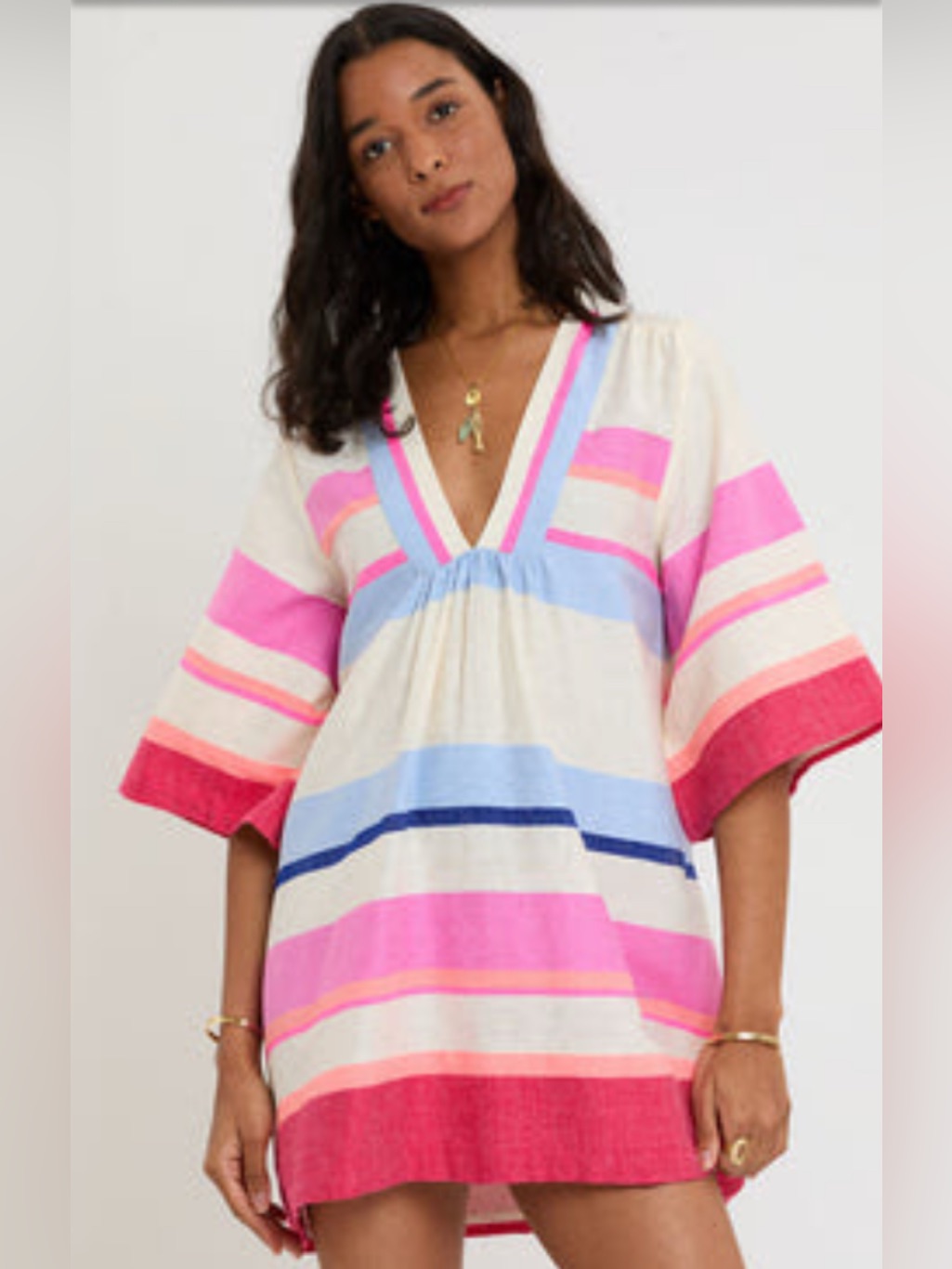 Lemlem Striped V-Neck Tunic Dress In Pink, Blue & Cream- Medium